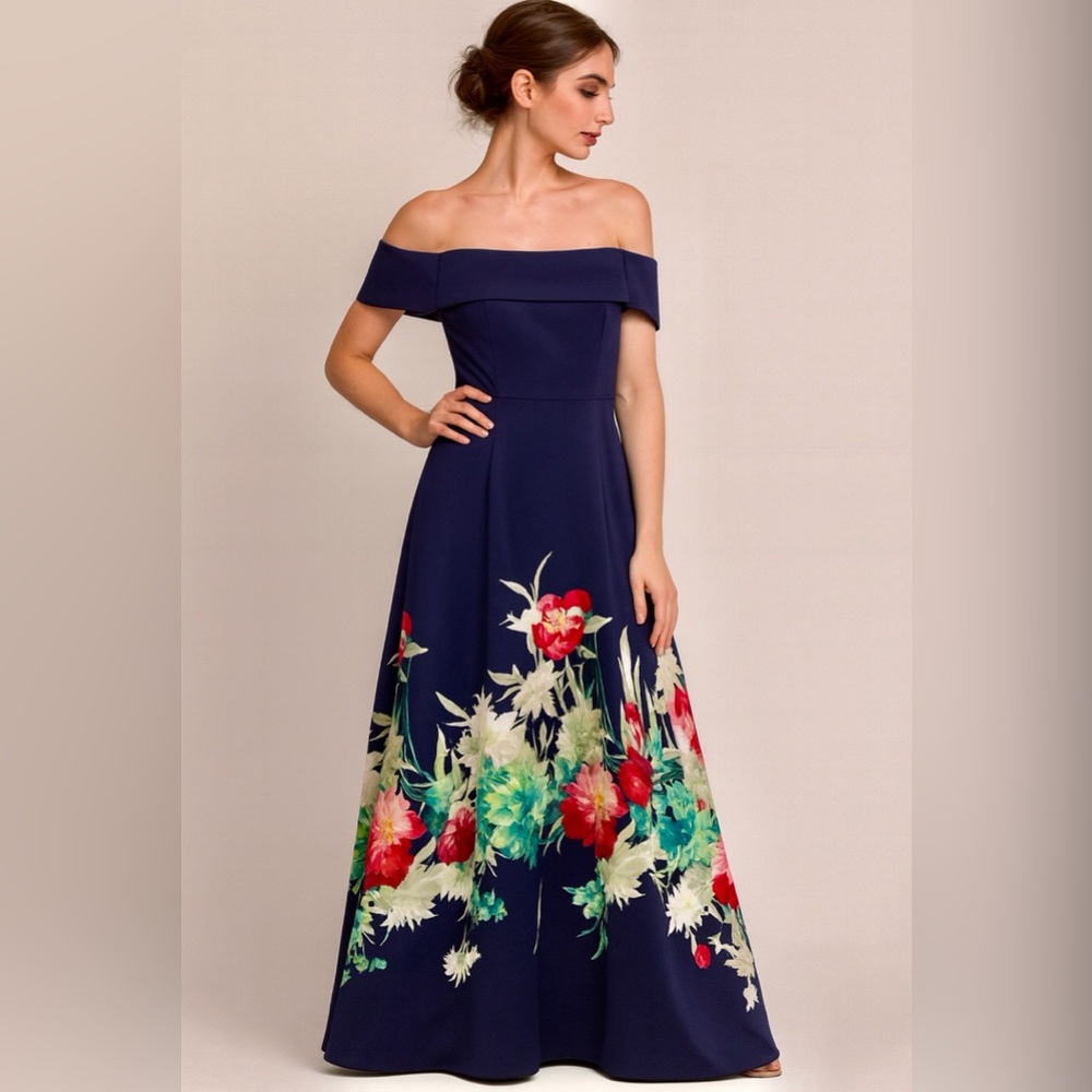 Eliza J Navy Dress with Vibrant Floral Design